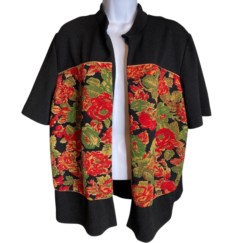 Vintage‎ R & K Womens Black Open Front Floral Jacket Sz 18W Asian Theme Stretchy
